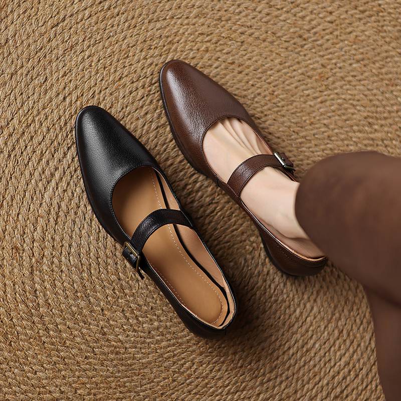 Krazing Pot Sheepskin Autumn Winter Shoes Buckle Straps Low Heels Mary Janes Size 40 Round Toe Brown Color Pumps