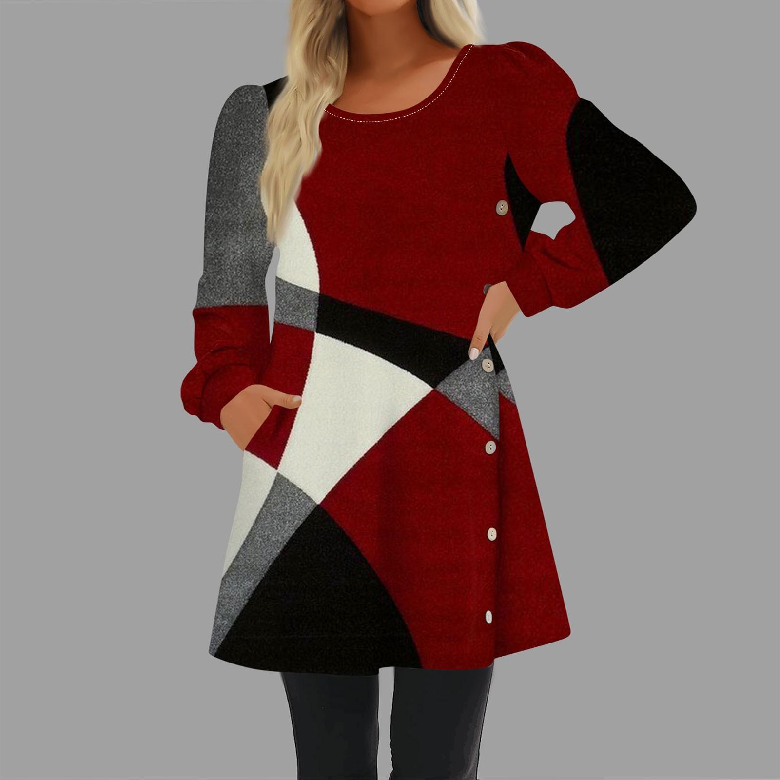 

Модное женское повседневное свободное платье с круглым вырезом и пуговицами с длинным рукавом XXL винный