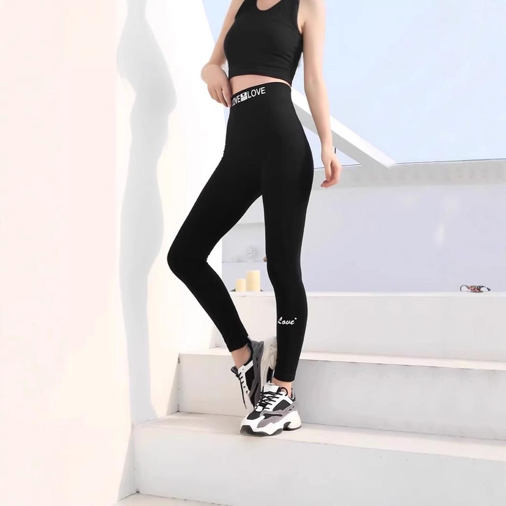 Sports thin high elastic modal leggings women's small feet waist print yoga pants black wear high waist thin