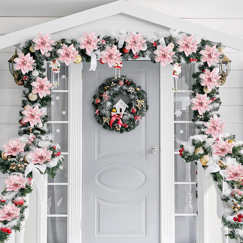 3/5/10Pcs 14.5cm Glitter Artifical Christmas Flowers Mreey Christmas Tree Decoration Happy New Year Ornaments Xmas 2025 Navidad