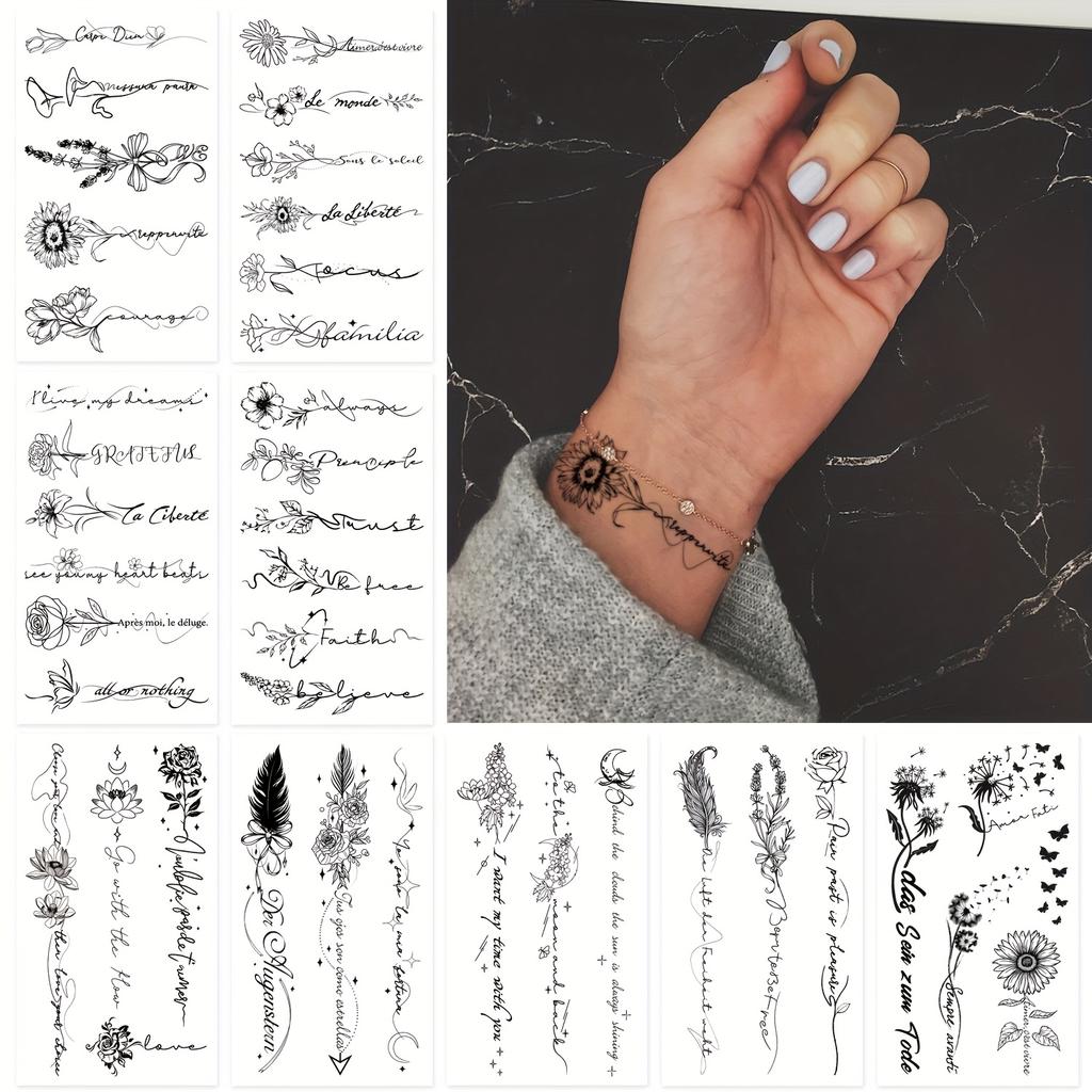 10pcs Women's Girl Text Flower Temporary Tattoos German Tattoo Realistic Line Art Waterproof Minimalist Fake Tattoos