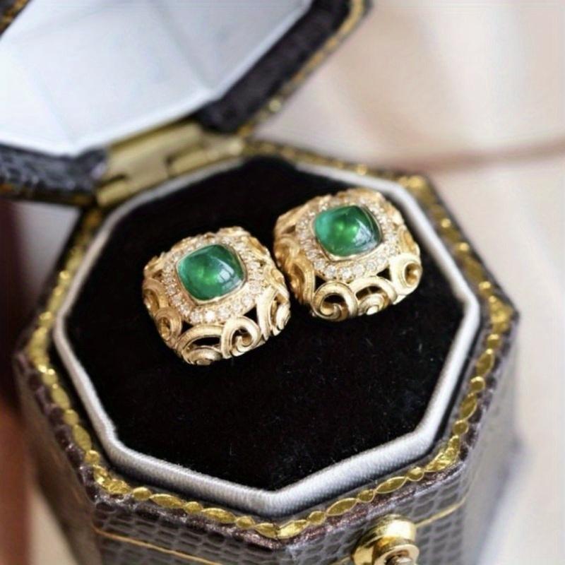 Exquisite Vintage Hand Carved Stud Earrings for Women's Elegant Green Square Chalcedony Ear Stud  Perfect Christmas Gifts