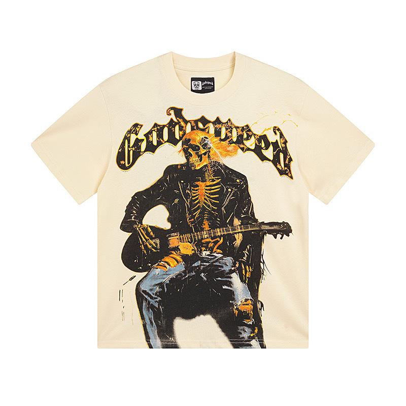 25SS Grensoverschrijdend Meichao Godspeed Schedel Rockband Basketbal Retro Korte Mouw T-shirt Koppels Dezelfde Stijl