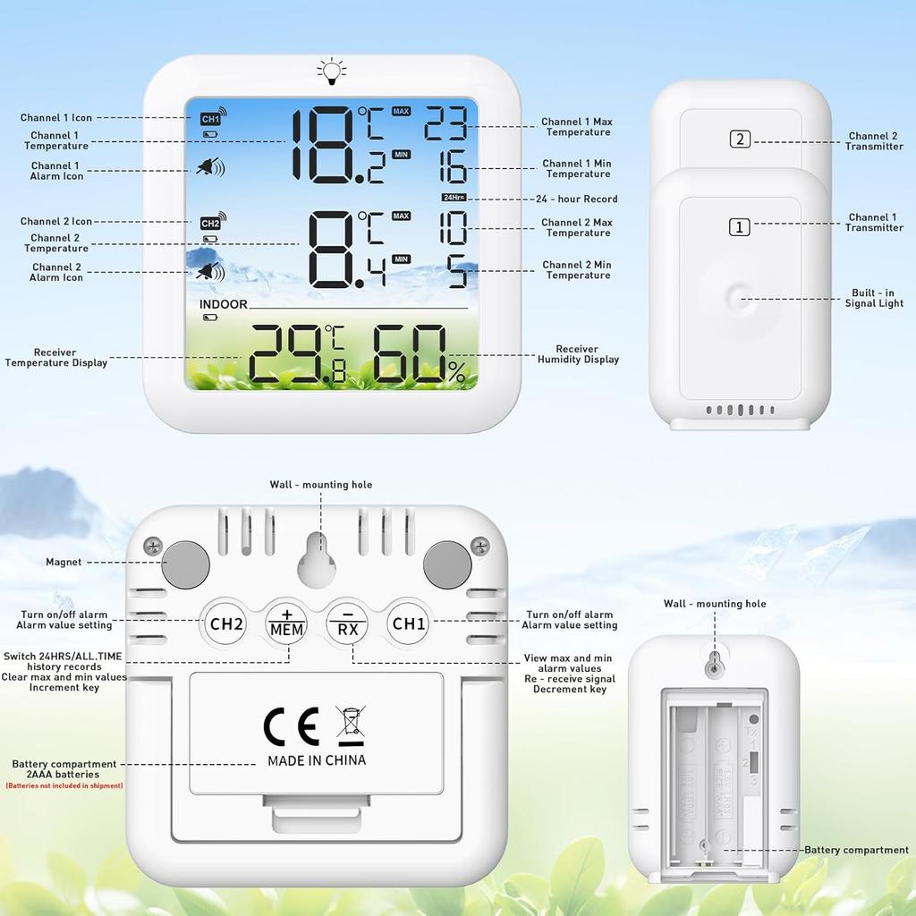 Wireless Freezer Thermometer with Alarm Household Digital Temperature Gauge Refrigerator Digital Thermometer with Backlit Display Prevent Food