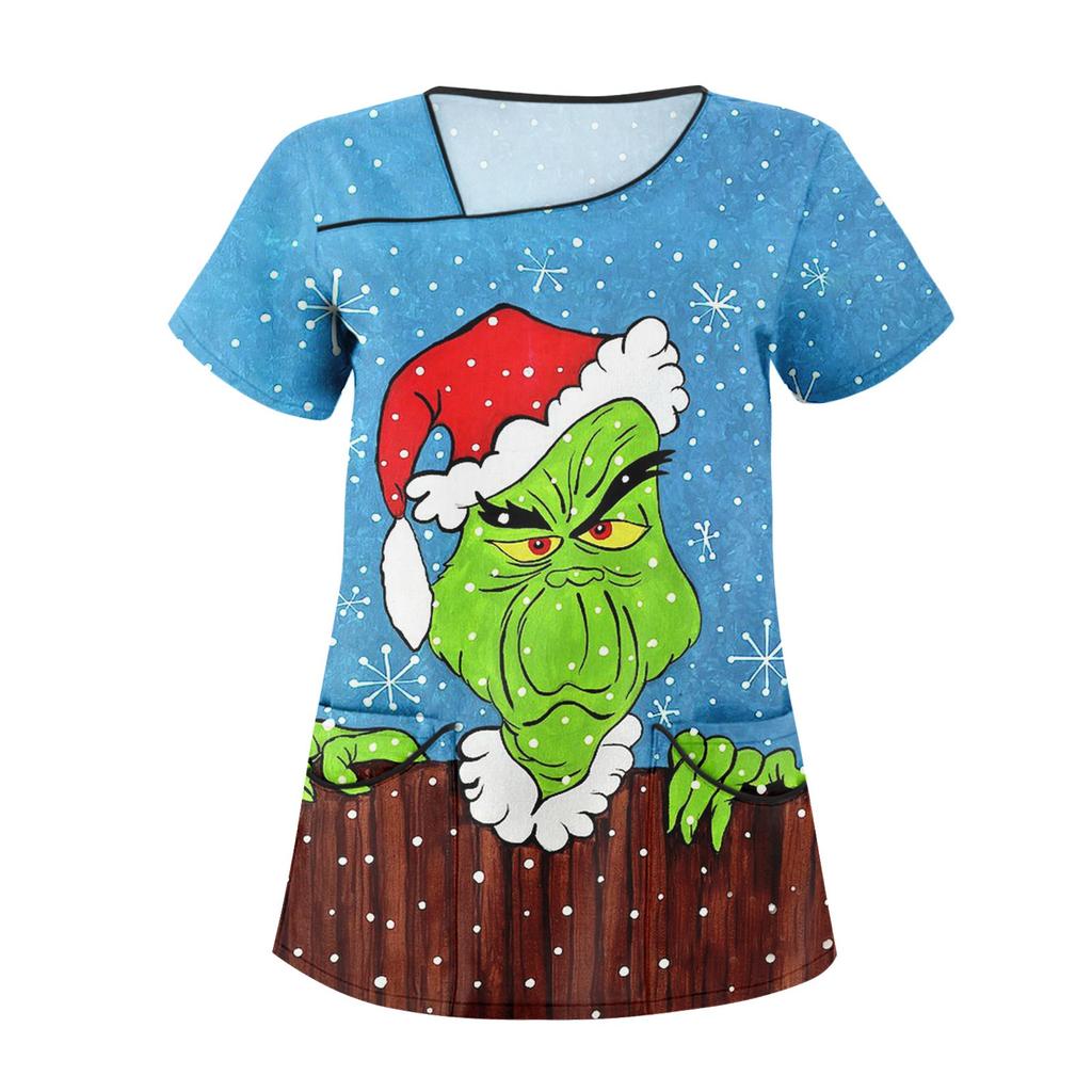 Women's Fashion Christmas Print Uniform Overalls Slanted Collar Double Pocket T-Shirt Short Sleeve Top