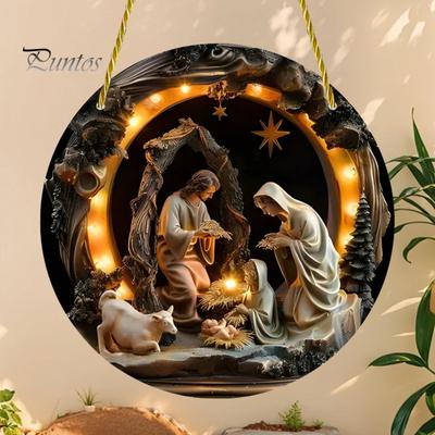Kalėdų eglutės papuošalas Gimimo scena Apvalus akrilinis Šventoji šeima Pakabinamos dekoracijos Kalėdoms Namų durų sienų langų dekoras