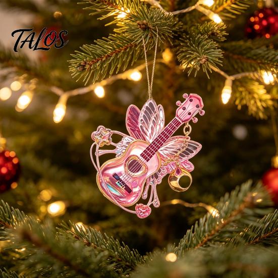 Festival Decorative Ornaments Pink Guitar Butterfly Ornament, Acrylic Music Hanging Decor with Rose Themed Christmas Decorations And Quote,