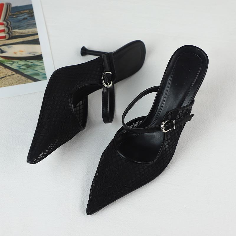 Módní špičaté sexy síťované dámské sandály na vysokém podpatku 2025 léto nový designér černé slingback jehlové elegantní boty pro kancelářskou dámu