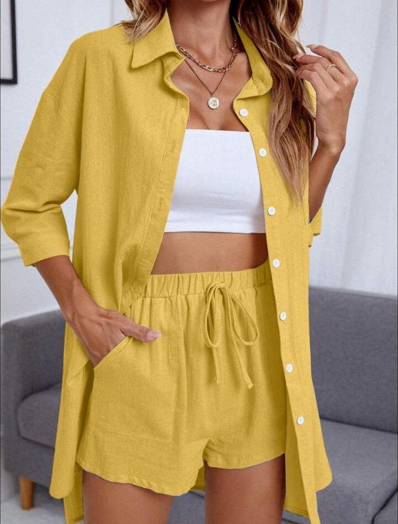2023 Spring Women's Casual Patchwork Cotton Linen Two-Piece Set with Seven-Sleeves