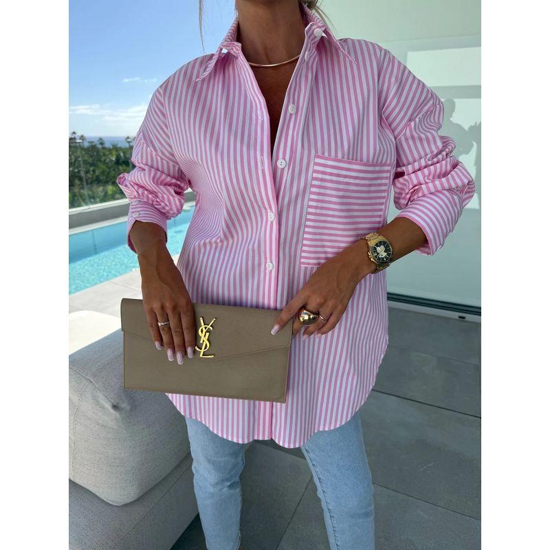 Cross-Border Western Style Spring and Autumn New Fashion Commuter Ol Single-Breasted Stripe Loose Long sleeve Shirts Top Shirt
