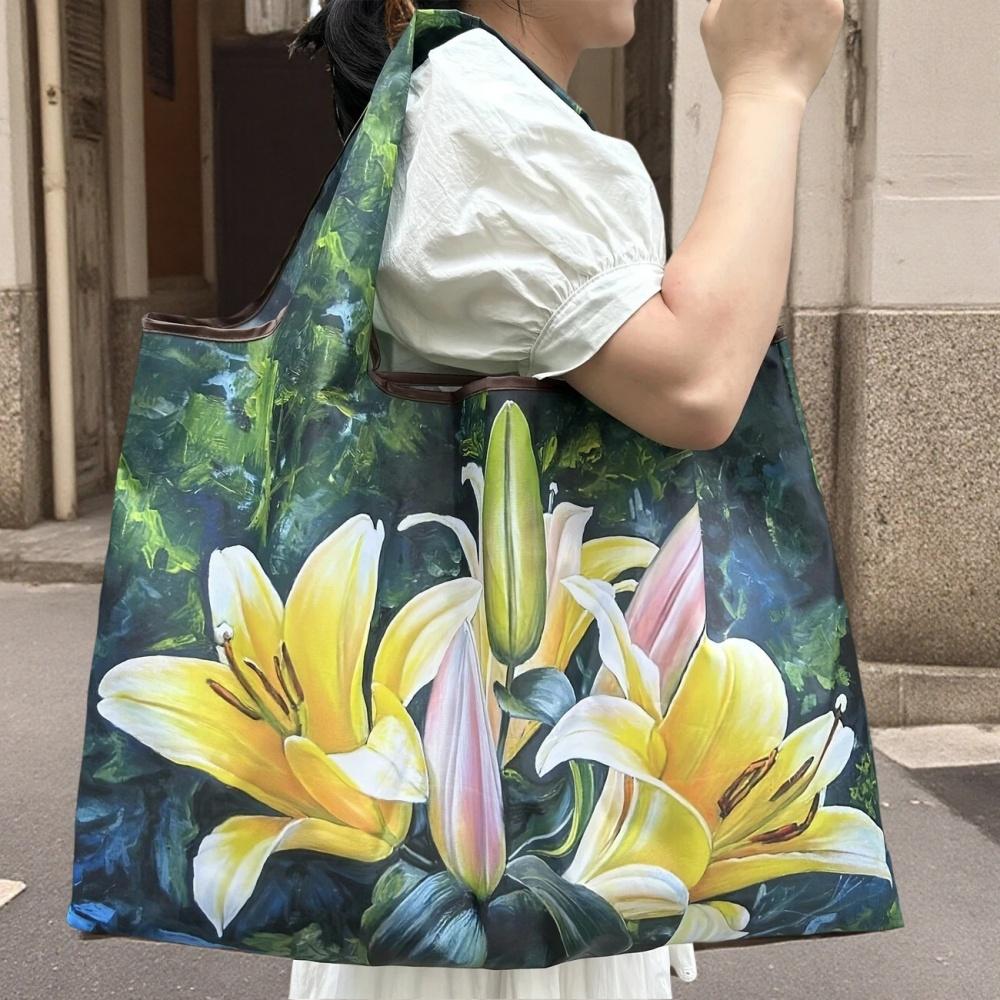 Large Foldable Shopping Bag Fashion Oil Painting Reusable Grocery Storage Bag Oxford Portable Shoulder Handbag Tote Bag