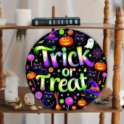 2D Flat Round Halloween Metal Wall Art Trick or Treat Sign Holiday Home Decor