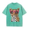 2026 Vintage Washed Black Cool Leopard With Pink Glasses Graphic T Shirt Animal Retro Print Oversized Men Casual Streetwear Shor