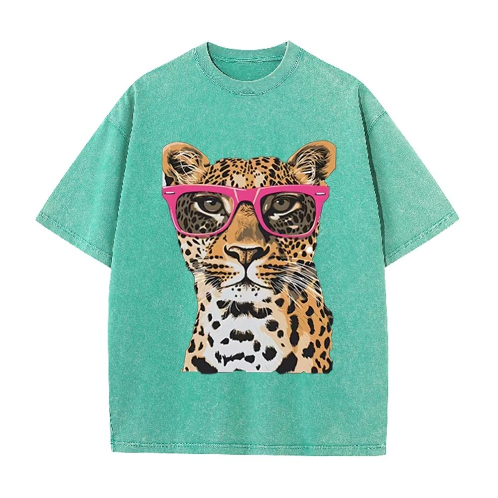2026 Vintage Washed Black Cool Leopard With Pink Glasses Graphic T Shirt Animal Retro Print Oversized Men Casual Streetwear Shor