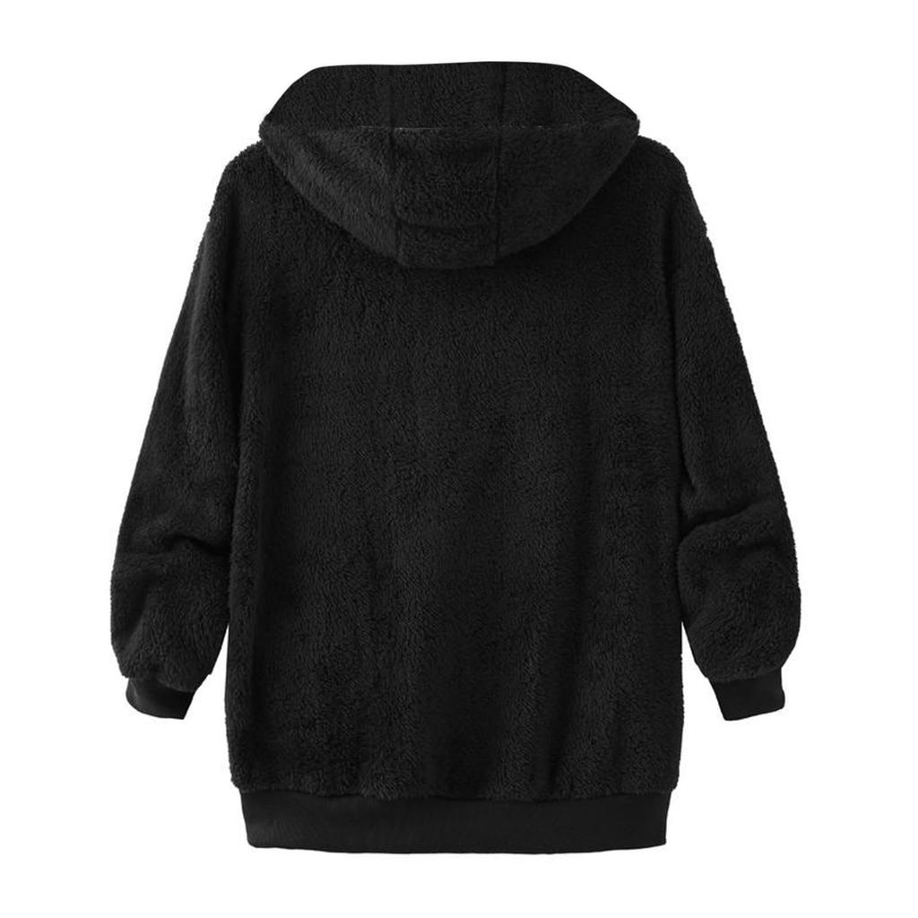 Women's Fashionable Plush Zipper Solid Color Pocket Hooded Long Sleeved Loose Warm Jacket