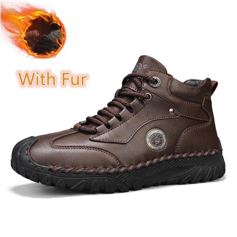 Fashion 2024 New Men's Leather High Top Shoes Classic Motorcycle Boots Leisure Walk Travel Mid-Calf Ankle Boots Warm Plush Fur Shoes