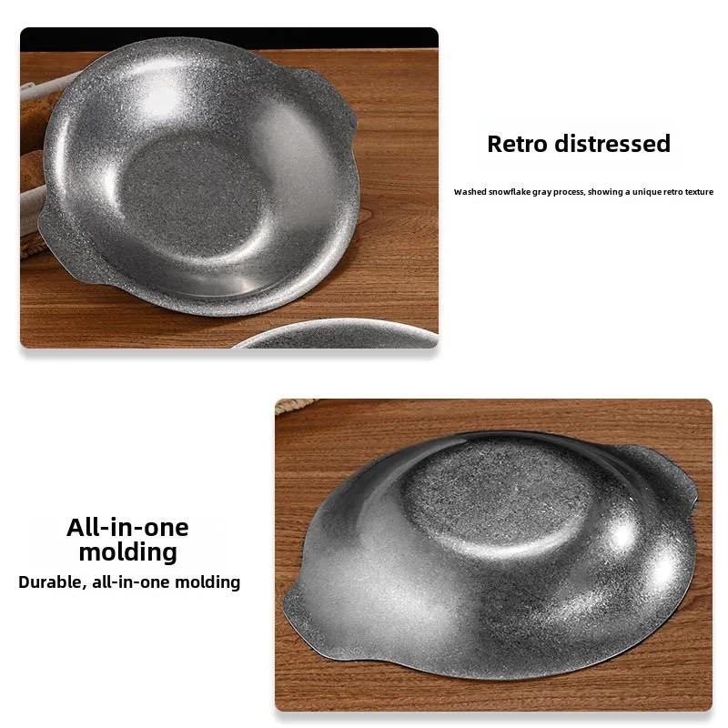 Retro stainless steel binaural dry pot plate, commercial golden spicy pot, crayfish shallow plate, sauerkraut fish pan