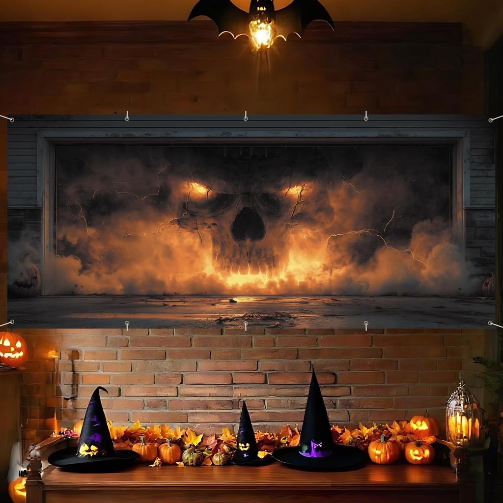 Halloweenový potah na garážová vrata s lebkou 7x16 stop, Dekorace na pozadí, Garážová vrata