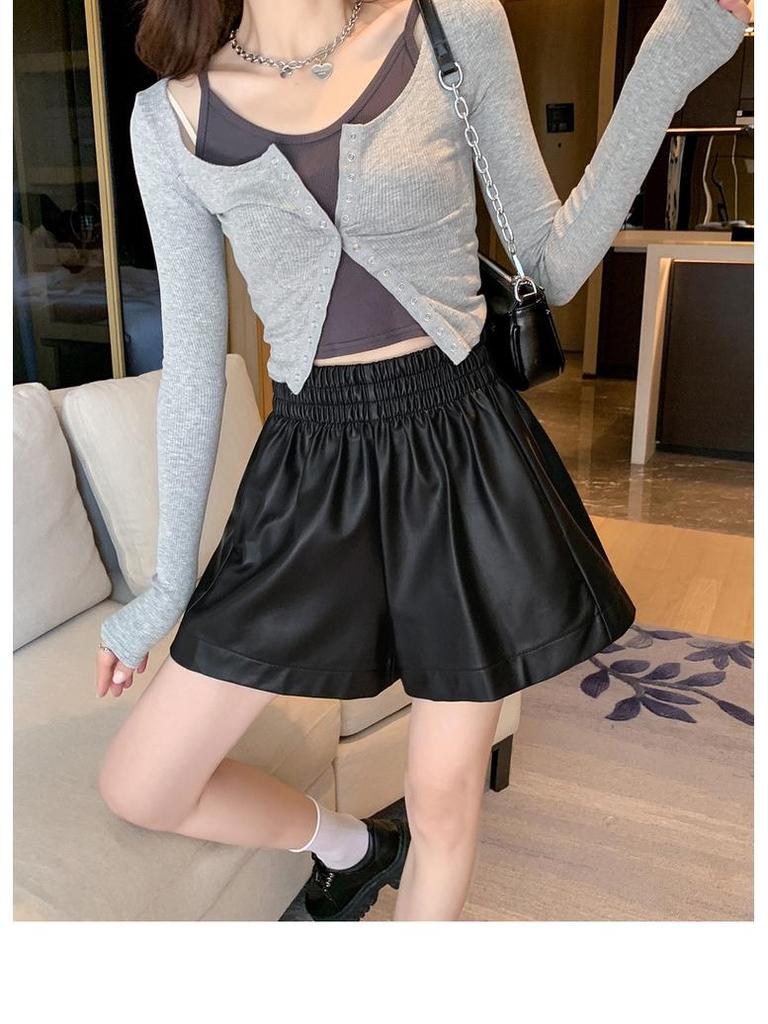 Women's High-Waisted Leather Shorts - Autumn/Winter Plus Size Wide-Leg Slimming Outerwear 2026