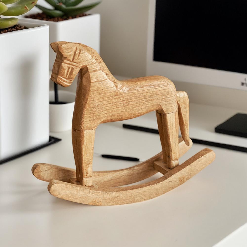 

Horse Statue Wooden Rocking Horse Decor Hand-carved Desktop Art Crafts for Kids Cowboy-Themed Room Bookshelf Wedding Centerpiece
