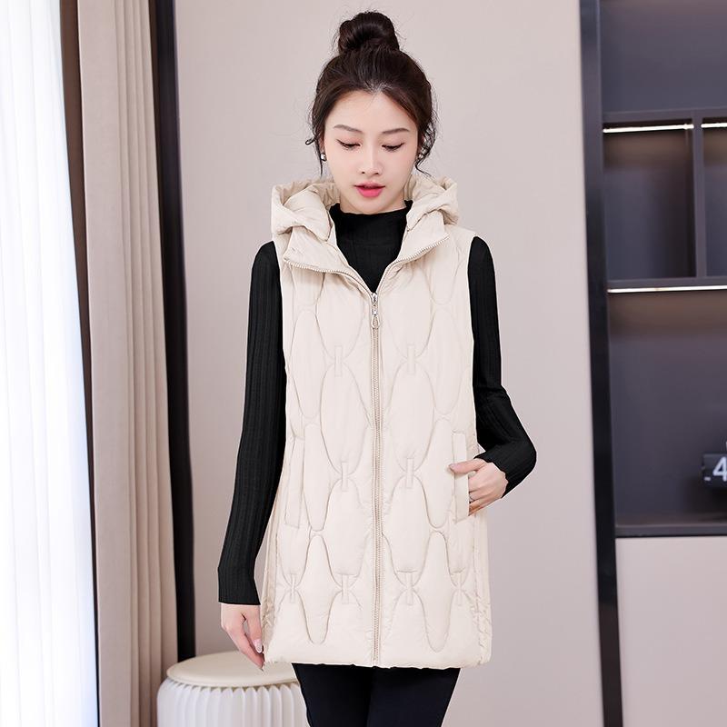 Autumn and winter new rhombus grid down cotton vest women's medium and long loose hooded vest