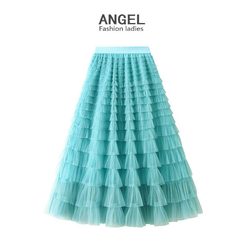Fairy White Tulle Pleated Long Midi Skirt for Women - Spring/Autumn 2024 Collection.