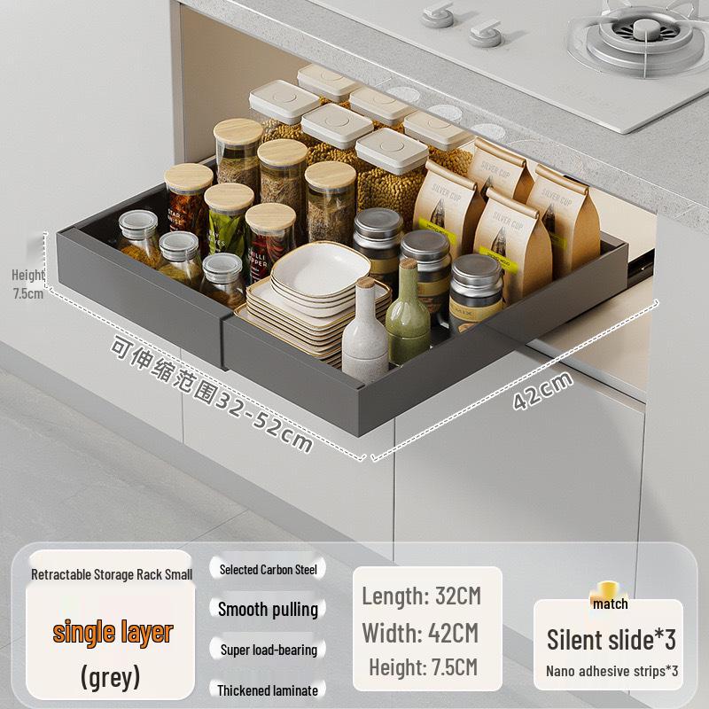 Retractable Kitchen Cabinet Pull-Out Storage Rack for Seasoning Jars and Bottles