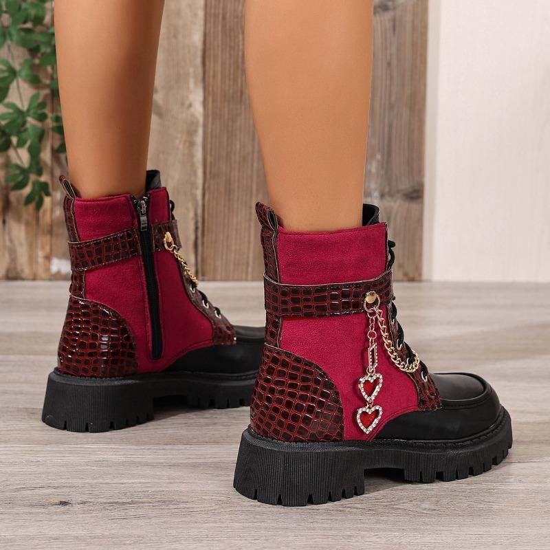 Side Zip Block Heel Booties Round Toe Spliced Lace-up Metal Chain Soft Sole Non-Slip Plus Size Women's Shoes