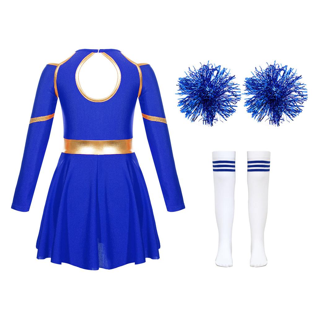 Mädchen Cheerleading Outfit Buchstabendruck Off-Shoulder Schlüsselloch Rücken Langarmkleid mit Blumenbällen Gestreifte Socken