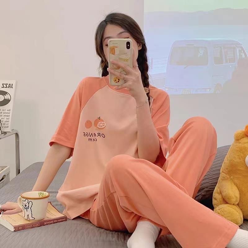 Short-sleeved long pants pajamas women's summer cartoon cute can be worn outside plaid loungewear imitation cotton suit summer thin