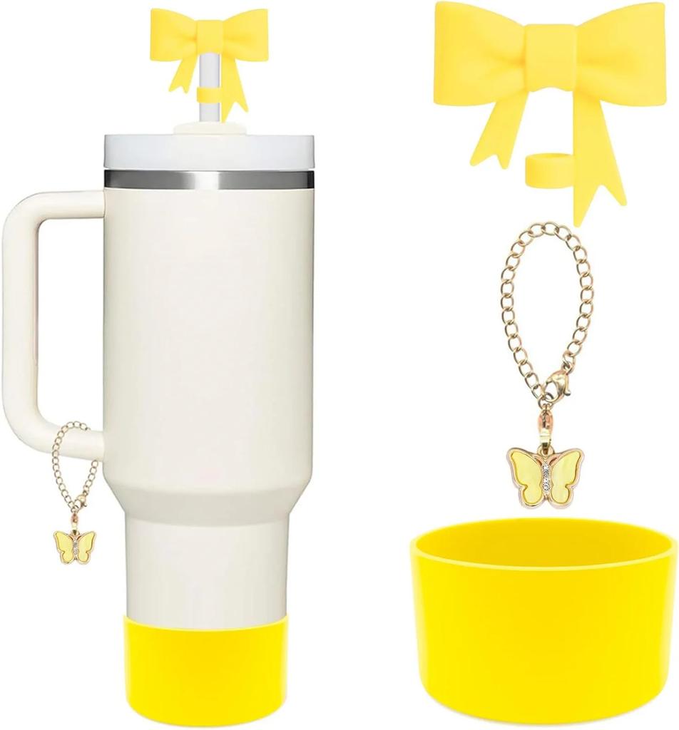 Bow Straw Cover for Stanley Cup Silicone Topper Pink Butterfly Chain Silicone Boot Pink Cup Accessories Set for 30/40 OZ Tumbler