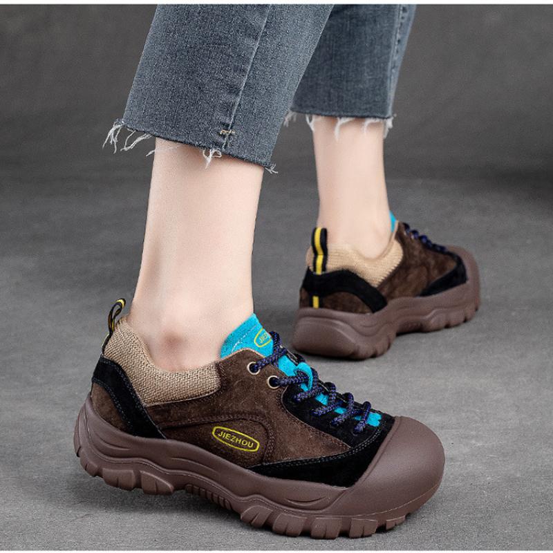 Johnature Podzim Zima Ležérní Boty Ženy Pravá Kůže Smíšené Barvy Kulatá Špička Retro Měkká Podrážka Pohodlné Tenisky