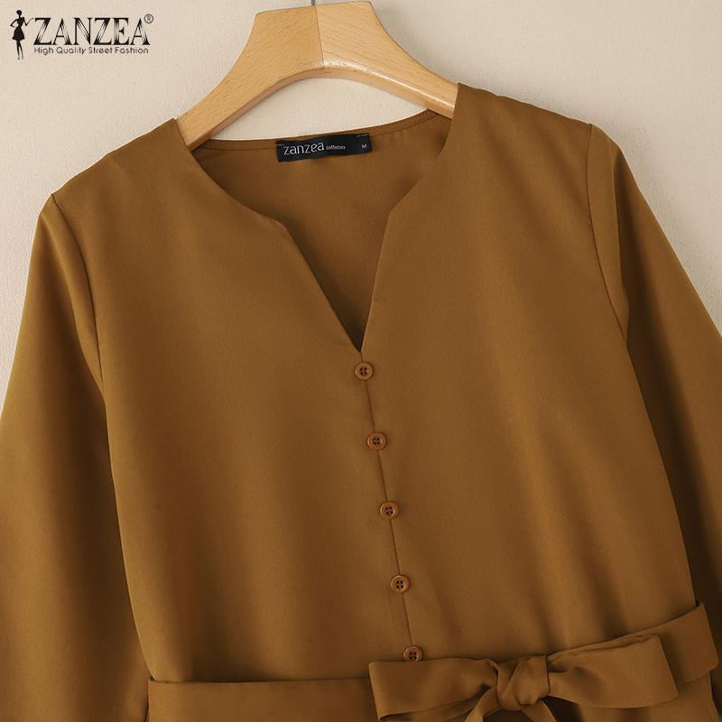 ZANZEA Women Casual V-Neck Solid Color Loose Long Sleeve Dress