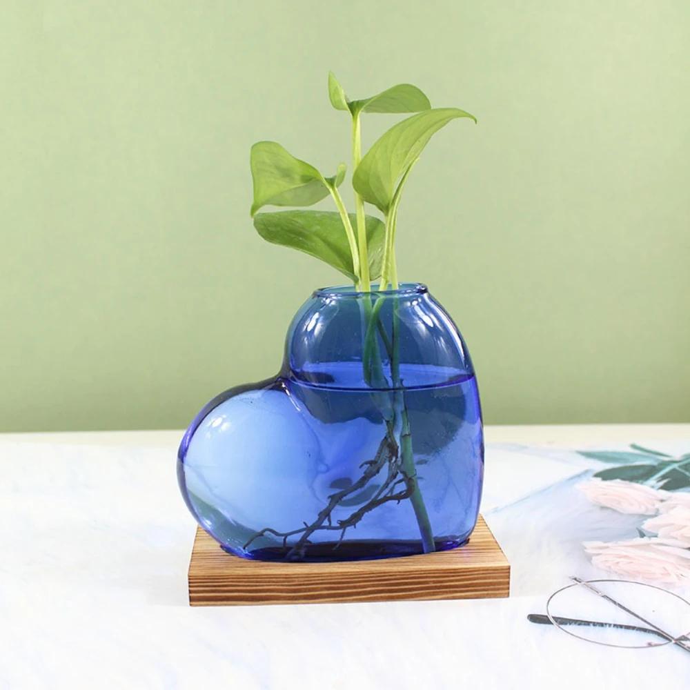 Colorful Love Shaped Glass Vase with Wooden Hydroponic Flower Plants Vase Desktop Ornament Living Room Office Decoration