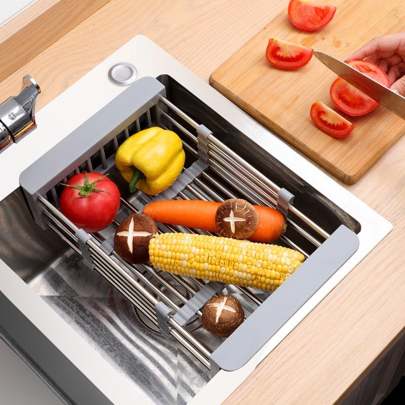 Stainless Steel Extendable Dish Drying Rack Kitchen Sink Drainer Tools Telescopic Fruit Vegetable Washing