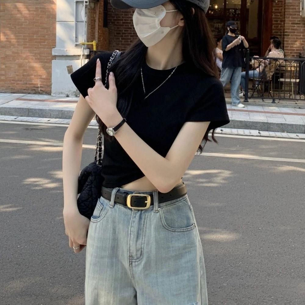 Chic Y2K Crop Top Solid Color Tees Shirts Women Simple Short Sleeve T-shirt Streetwear