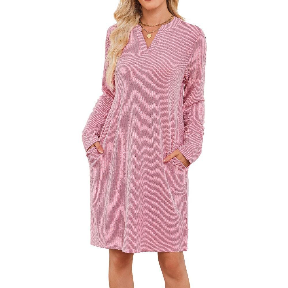 Women's V Neck Long Sleeve Loose Fit Casual Tunic Dress with Pockets for Daily Wear