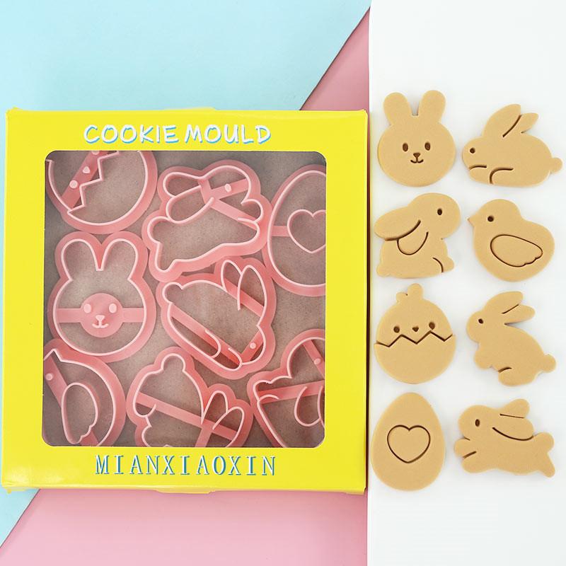8Pcs Cookies Cutter Rabbit Egg Dough Stamp Plastic 3D Bunny Cartoon Pressable Biscuit Mold Easter Kitchen Baking Pastry Bakeware
