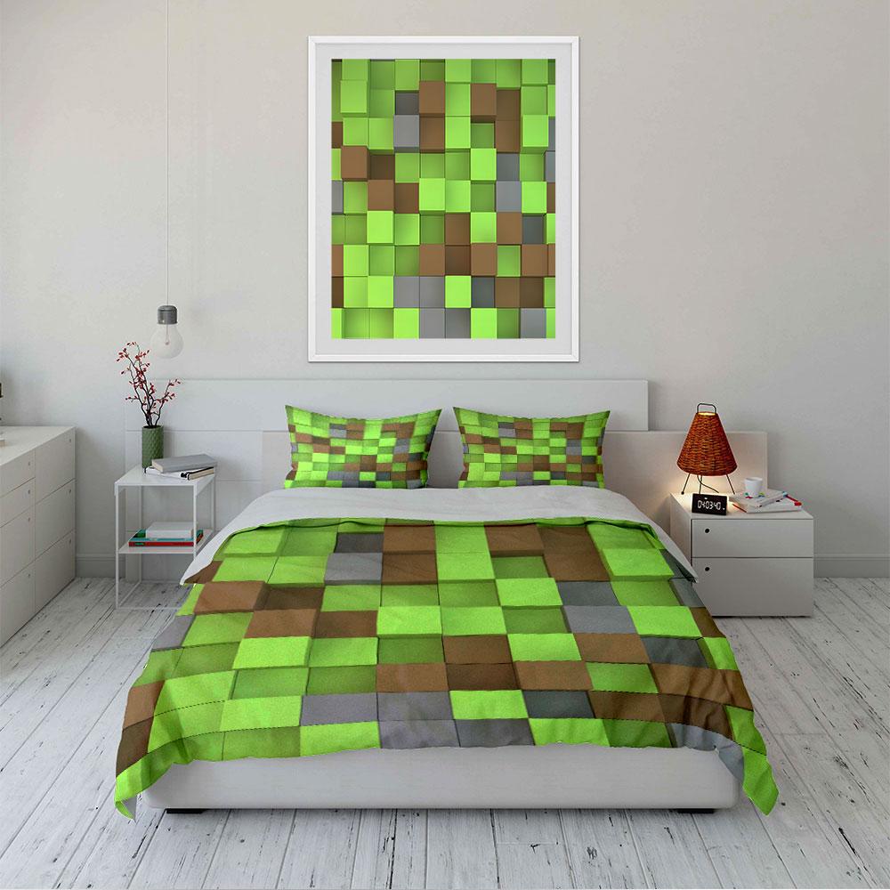 Block-Style Green Brown Pattern Bedding Duvet Cover Set  (1*Duvet Cover 2*Pillowcases, without duvet insert)