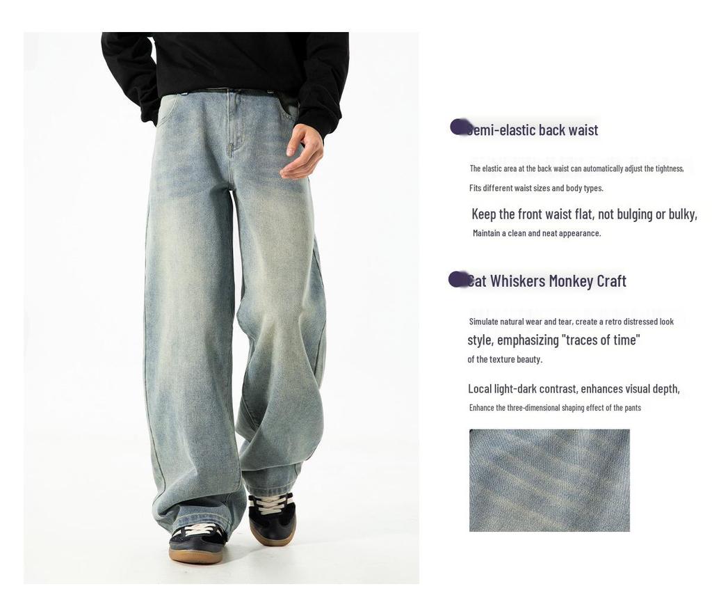 Men's Retro Silhouette Washed Jeans - Autumn High Street Style, Loose Straight Leg Trousers