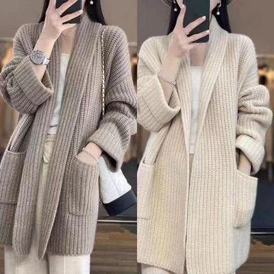 Fall Winter Womens Cardigan Sweater Lapel Open Stitch Knit Loose Thick Warm Soft Elastic Long Sleeve Mid Length Coat Jacket Plus Size Pockets