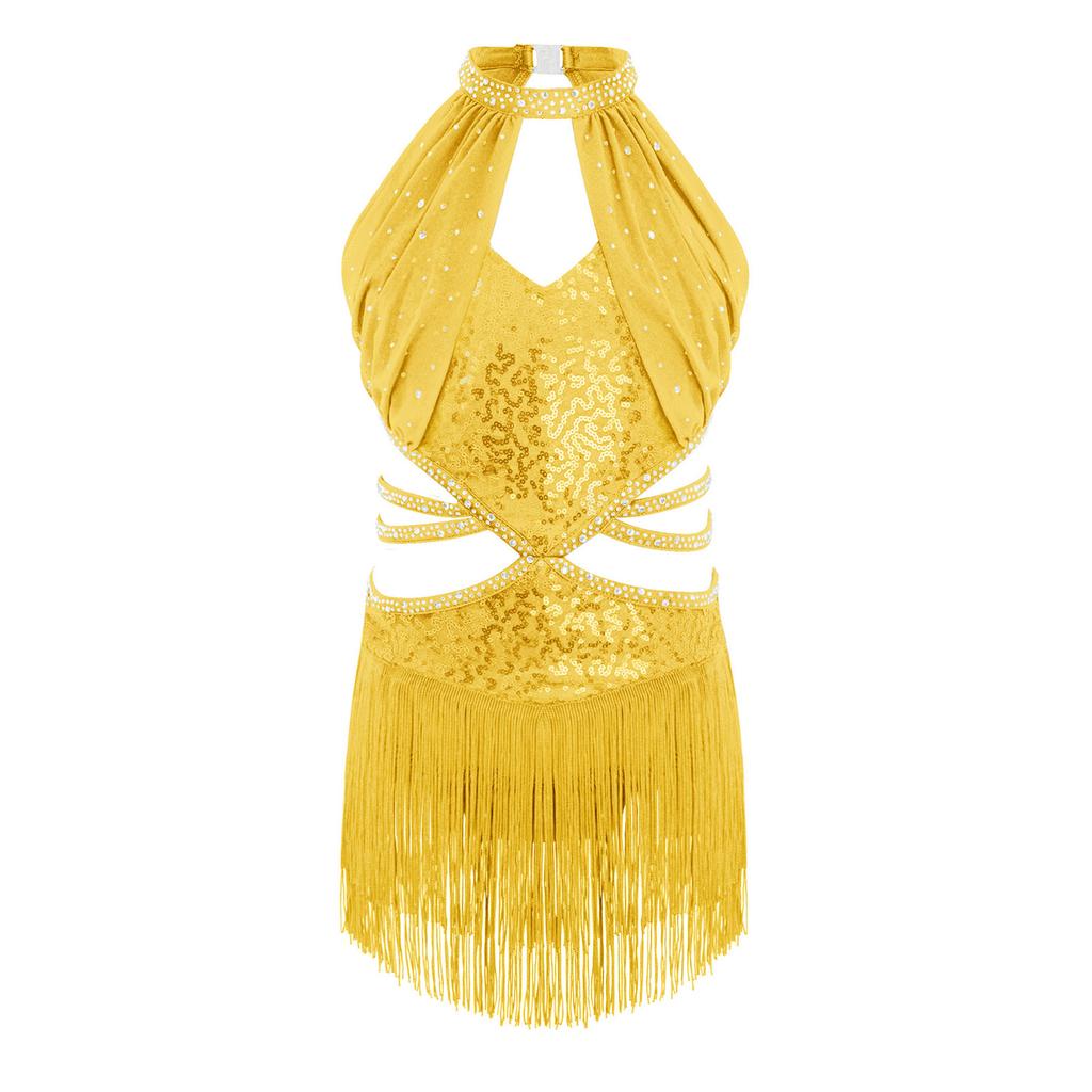 Dziewczęca Sukienka do Tańca Latynoamerykańskiego Bez Rękawów Marszczona Siateczkowa Góra Wycięcie w Talii Paski Błyszczące Frędzle Cyrkonie Płatki Sequins Body