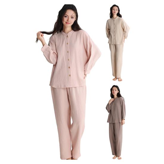 Women's Cotton Pajama Set Button Down Long Sleeve Top And Long Pants Loungewear Set Casual 2 Piece Sleepwear