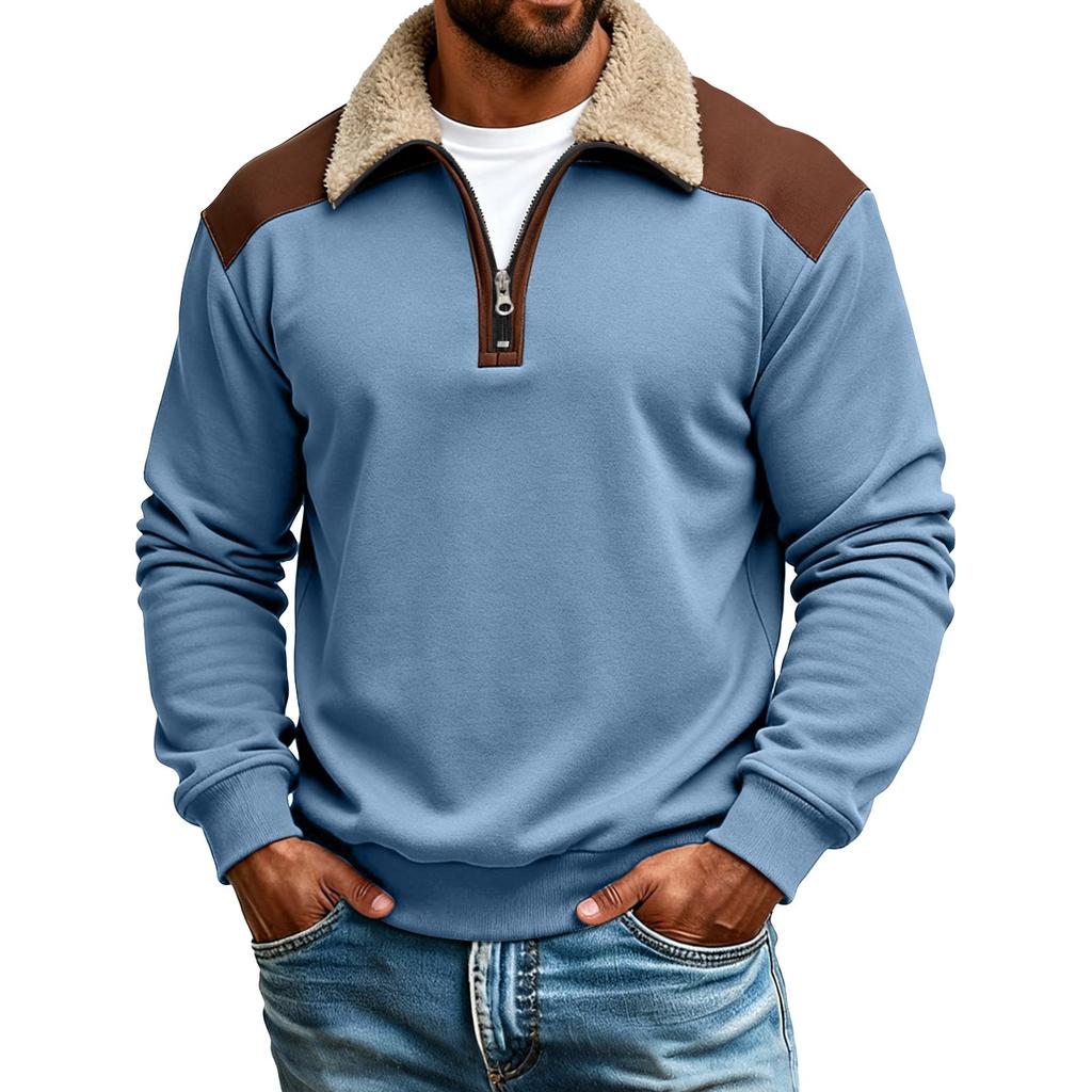 Pánská plyšová mikina s barevnými bloky, polovičním zipem a stojáčkem, pánská sportovní ležérní mikina plus size