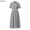 ZANZEA Women Casual Stand Collar Solid Color Summer Short Sleeve Dress