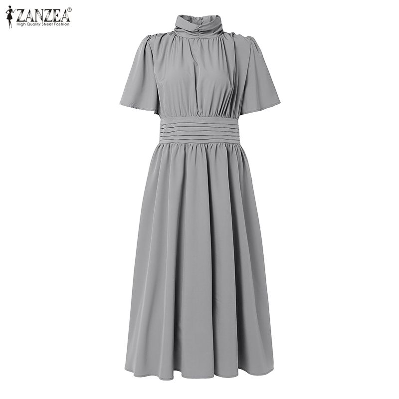 ZANZEA Women Casual Stand Collar Solid Color Summer Short Sleeve Dress