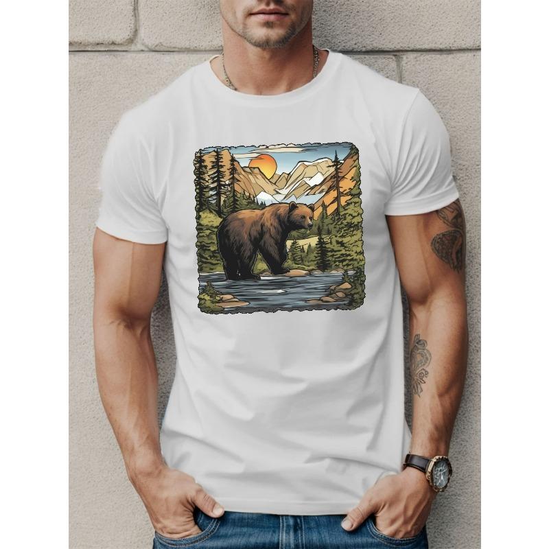 Europejskie rozmiary Koszulka z nadrukiem Niedźwiedź na dziko, Koszulki dla mężczyzn, Codzienna koszulka z krótkim rękawem na lato