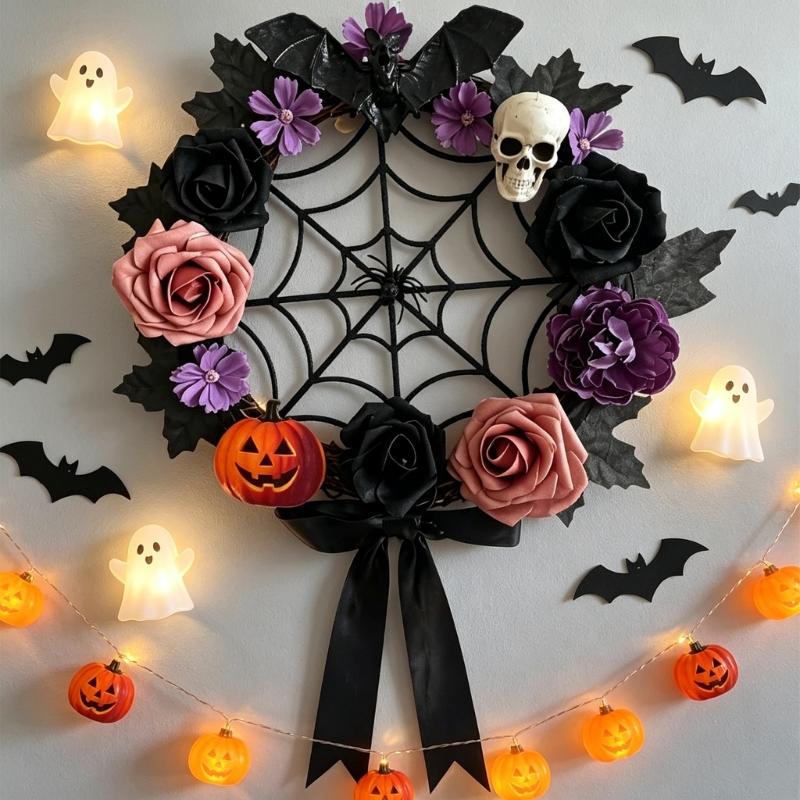 Artificial Skull Halloween Wreath, Dark Flower Wreath for Door, Wall and Entryway Decoration, Halloween Party Backdrops Store Window Display