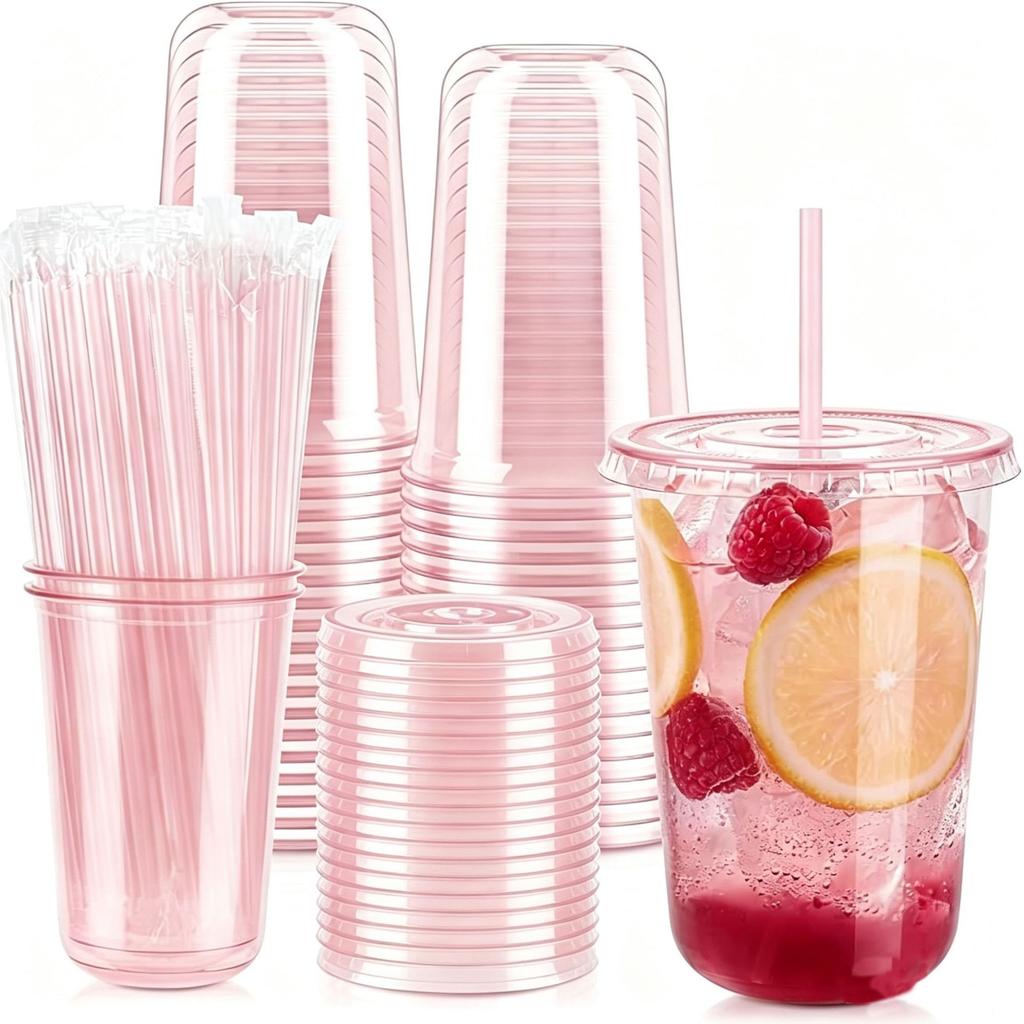100 Pack 16 oz Plastic Cups, Disposable Iced Coffee Cups with Lids and Straws, Smoothies Milkshakes Juice, Sturdy Crystal Clear, Home Office Party