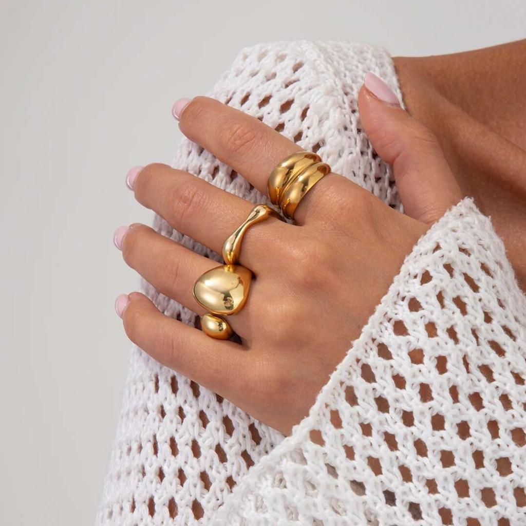 Ingemark 3Pcs/Set Retro Unique Smooth Curved Water Drop Open Rings For Women 2026 Trendy Gold Color Finger Rings Wedding Jewelry